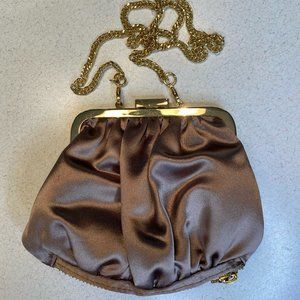 Monet Pleated Satin Brown Taupe Metal Frame Mini Snap Clutch Bag